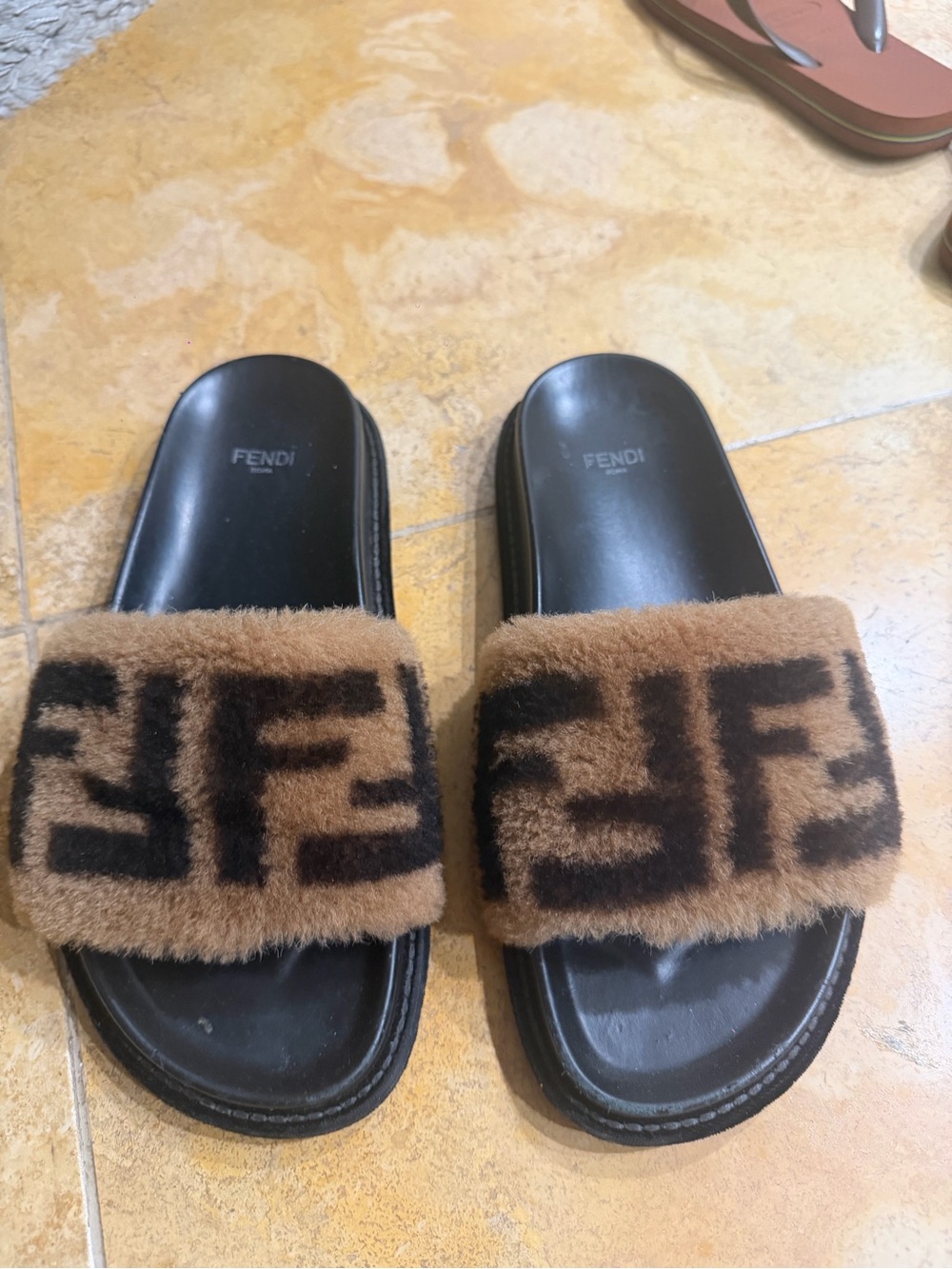 Fendi Brown Shearling FF Logo Slide Sandals with Black Footbed